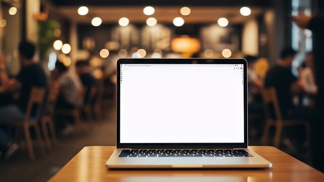 Open laptop on a wood table, with a bright white screen in a blurred caf? setting
