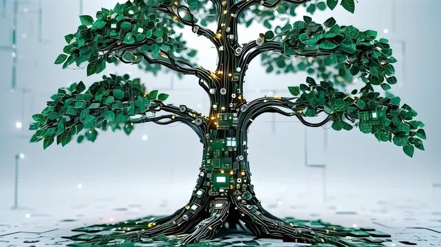 A stylized tree with circuits, glowing lights, and leaves. Green, black, and white hues create a modern image