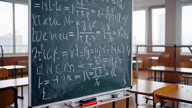 A close-up of a chalkboard covered in complex mathematical formulas, inside a classroom