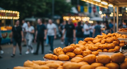 A busy street food scene with fried pastries in focus and blurred people walking by