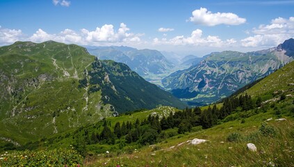 Fototapeta premium Breathtaking mountain ranges and a scenic alpine valley panorama. Gorgeous summer background ideal for nature lovers. Experience the wonders of the great outdoors and wildlife.