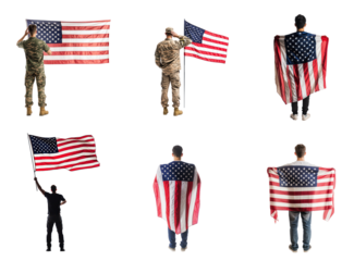 Collection of person saluting the American flag in front of a simple transparent background