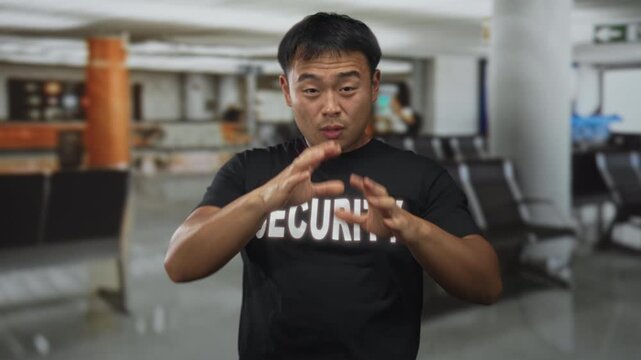 Man security guard wearing black security shirt covers face with both hands amid airport terminal seating area; stress.