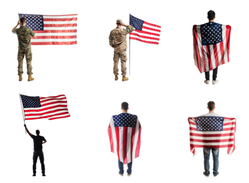 Collection of person saluting the American flag in front of a simple transparent background