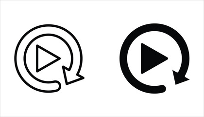 Replay icon set. Replay video button symbol. Repeat icon. Replay video button icon Isolated on white background.