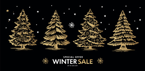 Fototapeta premium Winter sale, Christmas tree and star set on black, Hand drawn illustration. 