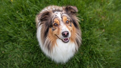 Fototapeta premium Funny dog gazing upwards in lush grass