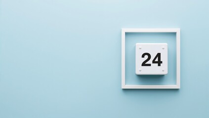February 24th, 24th day marked on a cube calendar with a blank frame set against a pale blue backdrop. Space available for your message. Concept of a winter day in the calendar year.