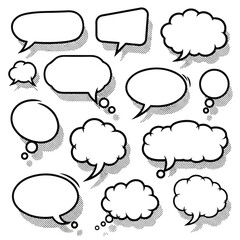 Fototapeta premium A collection of various cartoon speech bubbles and thought clouds on a clean white background with drop shadows.