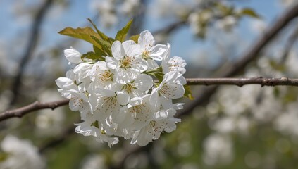 Detailed view of a blooming white cherry blossom branch against a softly blurred garden backdrop on a bright spring day