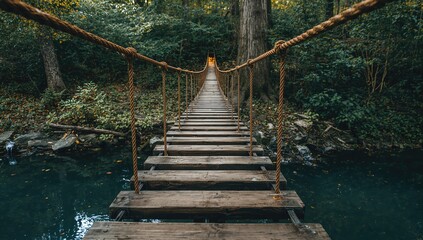 Fototapeta premium A rope-secured bridge crafted from steel and timber amidst a natural forest setting