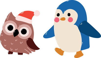 Colorful Holiday Christmas Vector Set Featuring owl and penguin. Whimsical holiday doodles ideal for festive projects. for banner and greeting cards. Vector illustration