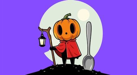 Spooky pumpkin character with lantern and spoon against a moonlit halloween backdrop