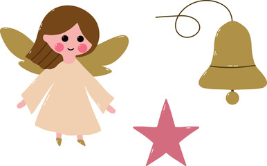 Colorful Holiday Christmas Vector Set Featuring fairy, star, bell. Whimsical holiday doodles ideal for festive projects. Includes ornaments, gift. Vector illustration