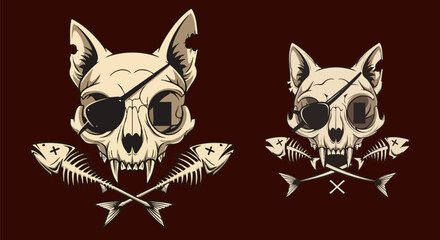 Pirate cat skull with eye patch and crossed fishbones design for apparel and prints
