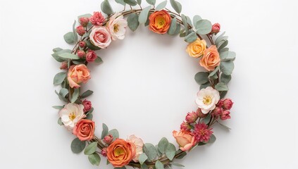Circular arrangement of roses and eucalyptus branches against a white backdrop, flat lay view with space for text