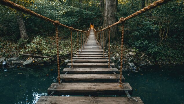 Fototapeta A rope-secured bridge crafted from steel and timber amidst a natural forest setting