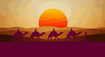 Silhouette of a desert caravan with camels and people at sunset in a warm landscape