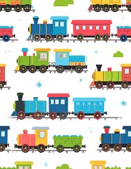 Colorful repeating pattern of cartoon locomotives and train cars, perfect for children's designs
