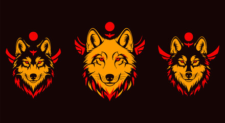 Three wolf heads with red eyes and wings in a symmetrical design on dark background
