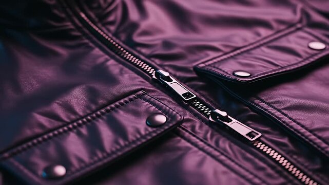 Close up of a purple leather jacket with a silver zipper and pocket details