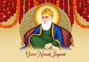guru nanak jayanti festival illustration with guru nanak dev ji sitting on floral background