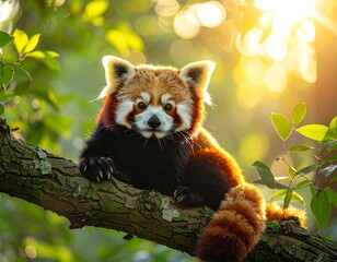 A red panda sitting comfortably on a thick tree branch, surrounded by green leaves, sunlight filtering through the forest, relaxed and cute expression
