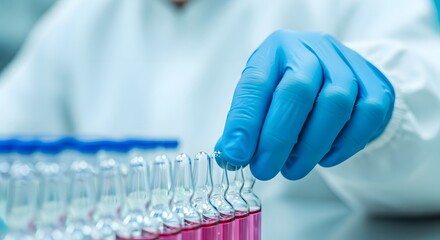 Scientist wearing blue gloves carefully handles a row of small glass vials filled with pink liquid in a laboratory setting