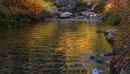 Colorful reflections of gold, red, yellow, and green hues in a narrow stream.