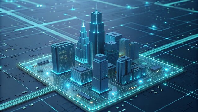 Cyberpunk Holographic City Map Interface with Neon Blue Grid, Futuristic Digital Art