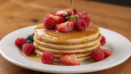 Fluffy cakes topped with berries and sweet syrup