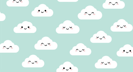 Fototapeta premium Cute Kawaii Clouds with Happy Faces Pattern.