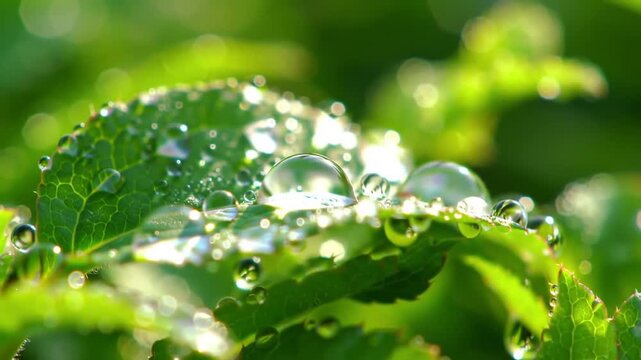 A macro photograph of glistening water droplets resting on a vibrant green leaf in the morning sun.