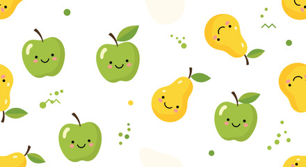 Fototapeta premium Cute Kawaii Apples and Pears Seamless Pattern.