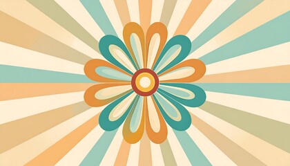 Colorful retro design featuring a stylized flower, radiating sunburst pattern in warm tones