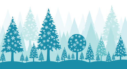 Obraz premium Winter wonderland scene with decorated Christmas trees and snowflakes.