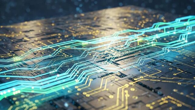 Blue electronic circuit board technology background with microchips and digital components