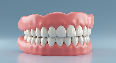 Fototapeta premium A close-up studio shot showcasing a complete set of clean, white dentures, against a blue backdrop