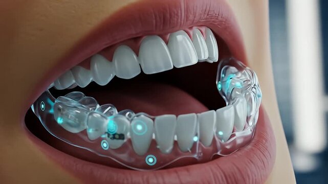 Open mouth with white teeth wearing clear aligners with blue tech accents