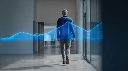 A professional man walks through a sleek office, illuminated by natural light. Behind him, a digital graph illustrates rising energy efficiency, showcasing the power of AI technology