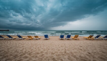 Row of vacant yellow and blue sun loungers on a sandy shore under a dramatic cloudy sky