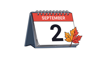 Calendar illustration displaying the date of September 2 with a vibrant autumn leaf emphasizing the start of the fall season celebration