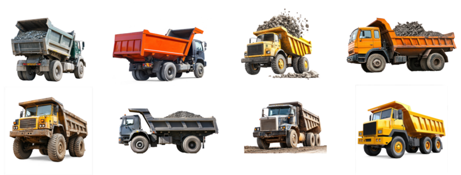Collection of Dump truck with an open tailgate A dump truck showing its open tailgate, ready for unloading. full length isolate on transparent background