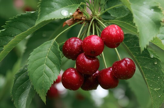 The self-pollinating cherry tree named 'Stella' yields mature cherries in early summer.