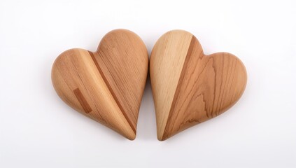 Pair of handcrafted wooden carved hearts on a white backdrop symbolizing love and Valentine's Day