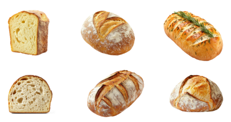 Collection of Artisan bread with flour dust A loaf of artisan bread dusted lightly with flour, showing a handmade touch. full length isolate on transparent background