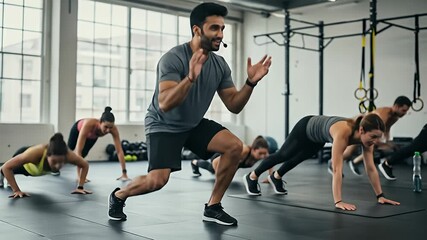 A fitness class with an instructor leading push-ups, indoors with large windows - Powered by Adobe