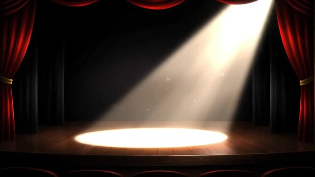 Dramatic spotlight illuminates empty stage with red velvet curtains, perfect for introducing a new show or product reveal with anticipation