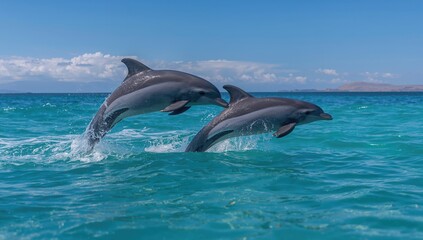 Two Commerson's dolphins leaping out of the ocean waters (Cephalorhynchus commersonii)