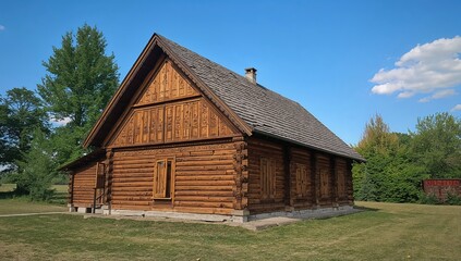 Obraz premium Historic wooden cabin displayed at an open-air museum